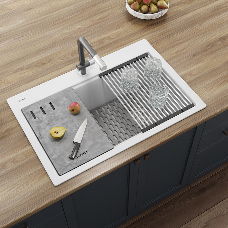 Ruvati 33-inch Granite Composite Workstation Drop-in Topmount Kitchen Sink Matte White - RVG1302WH - 33" X 22"