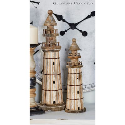 Brown Wood Light House Decorative Sculpture (Set of 2)