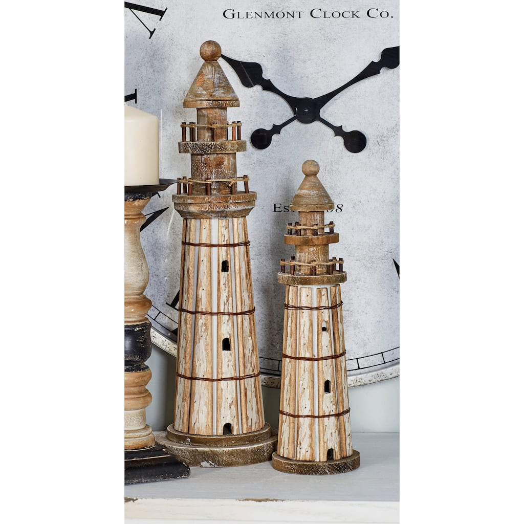 Brown Wood Light House Decorative Sculpture (Set of 2)