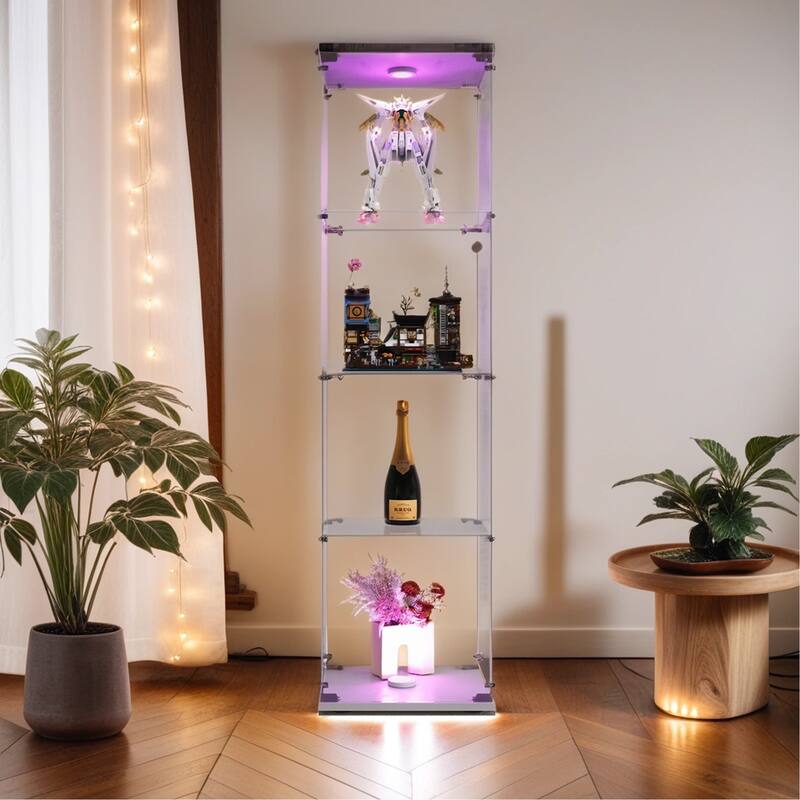 Lighted 4 Shelves Glass Cabinet Glass Display Cabinet with One Door, White - White