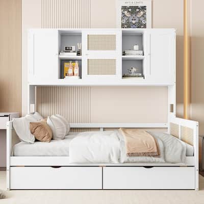 Full Size Daybed, Wooden Full Daybed Frame with 2 Storage Drawers, All-in-One Cabinet and Shelf for Bedroom