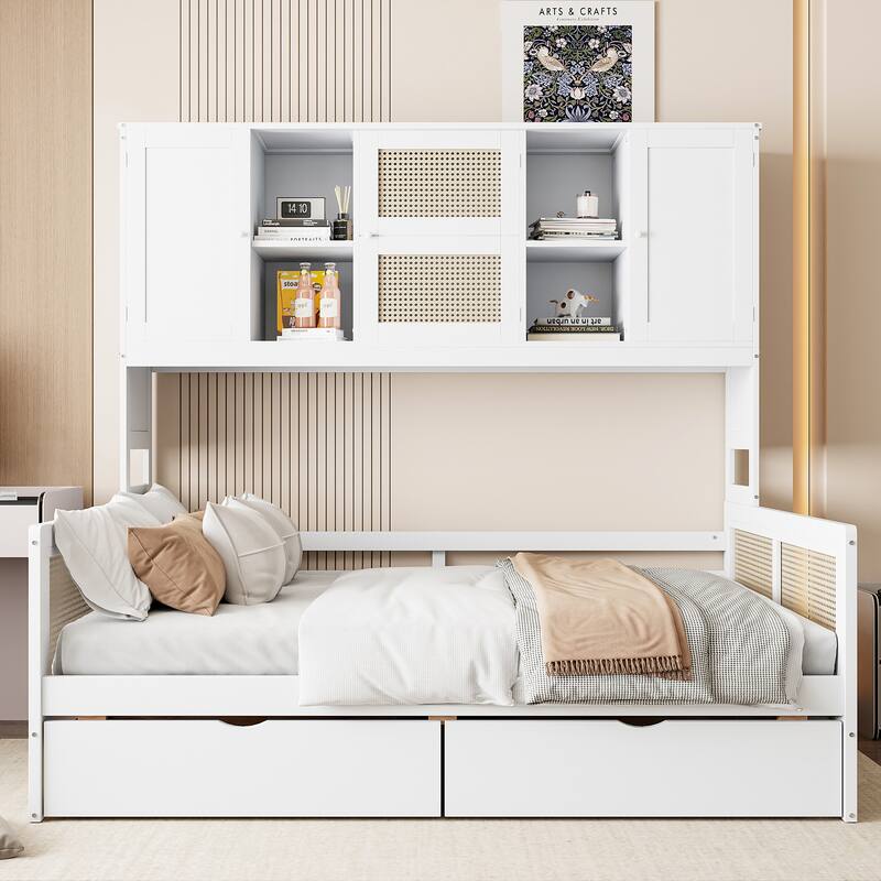 Roomfitters Wooden Daybed with Open Shelf, Side Cabinet and Hidden Storage Compartments - White - Full