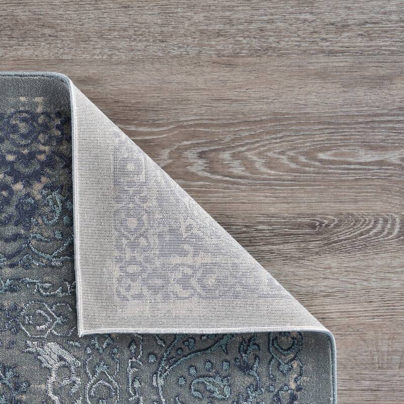 Sevita Carved Transitional Damask Polyester Area Rug, Blue and Silver