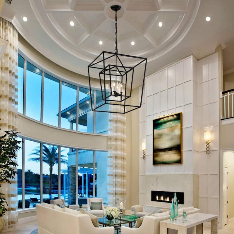 Large Open Cage Black Geometric Double Lantern Ceiling Lamp Chandelier