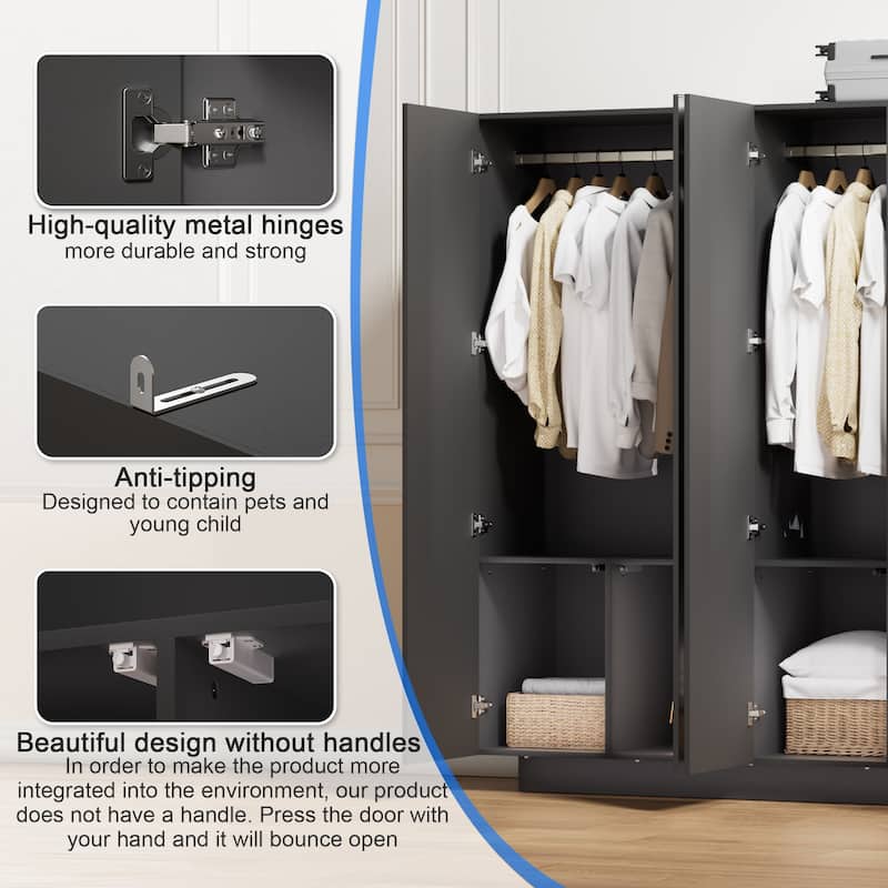 63"W 4-Door Mirror Wardrobe with LED Lighting Modern Stylish Armoires