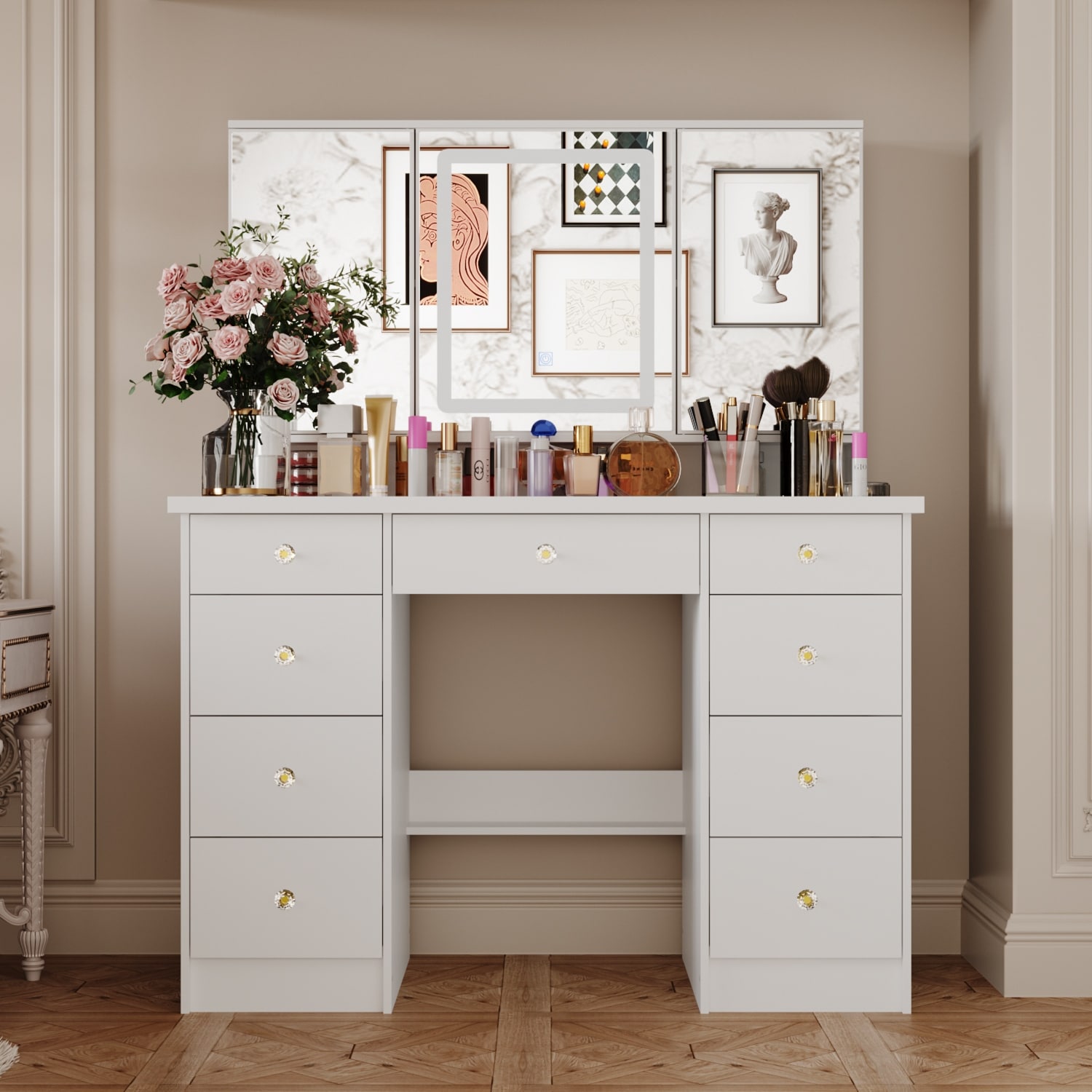 White Makeup Vanity with 10 Light Bulbs, Modern Vanity Desk with Mirror &  Lighting,Vanity Table with 2 USB Ports,Makeup Desk with Storage Shelves and  Drawers 