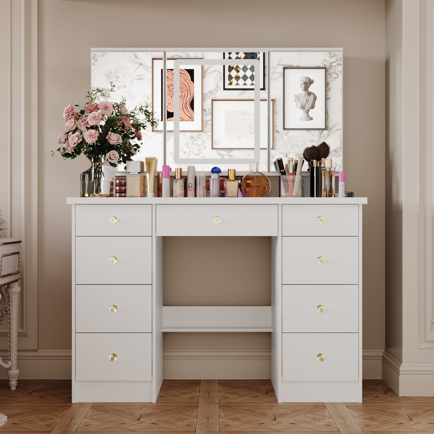 Makeup Vanity with 3 Color Lighted Mirror Large Vanity Table