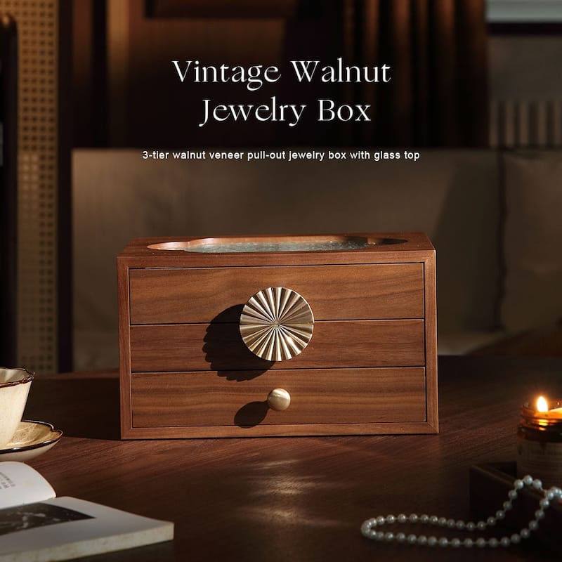 Walnut Color Pull-Out with Brass Handles and Glass Skylight 3-Tiered Jewelry Box - 10.24