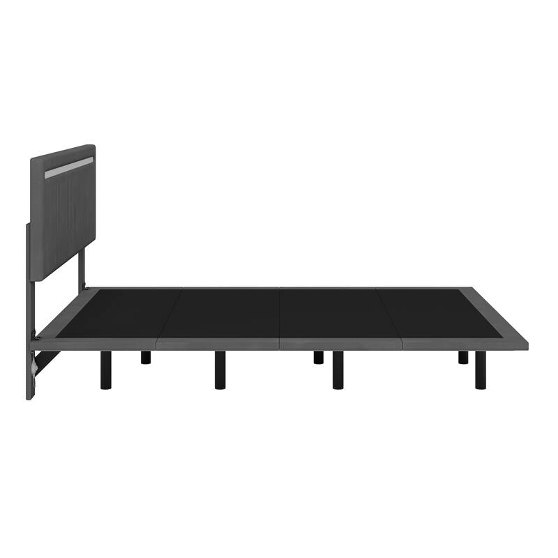 Modern Upholstered Floating Bed Frame with LED Lights, Vertical Channel Design Velvet Fabric Bed, Full Size, Beige