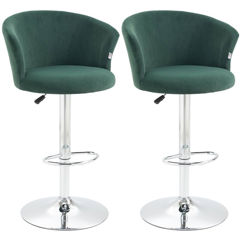 HOMCOM Adjustable Bar Stools Set of 2, Velvet Kitchen Stool, Upholstered Counter Height Barstool with Swivel Seat