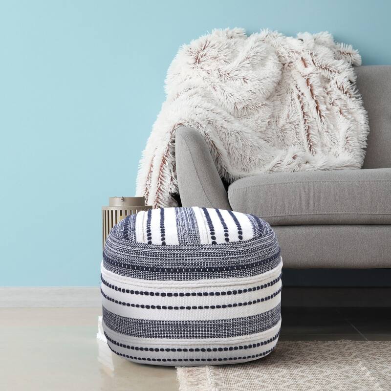 18" Navy and White Seaside Striped Handcrafted Round Pouf Ottoman