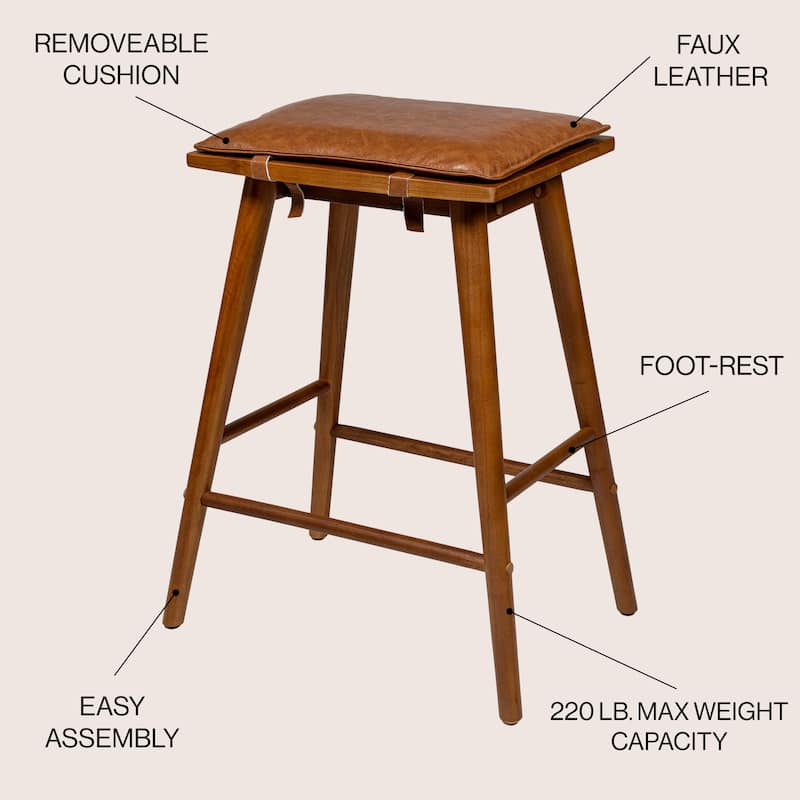 Saddle-Seat Backless Stool, Wood & Vegan Leather w/ Removable Cushion - JONATHAN Y