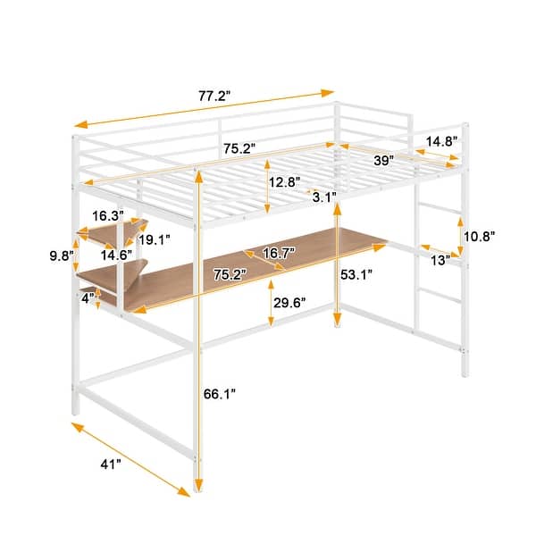 dimension image slide 1 of 2, Modern Style Twin Metal Loft Bed with Desk, Shelve, 4-step Ladder and Guardrail, Creative Structure & Good Stability, White