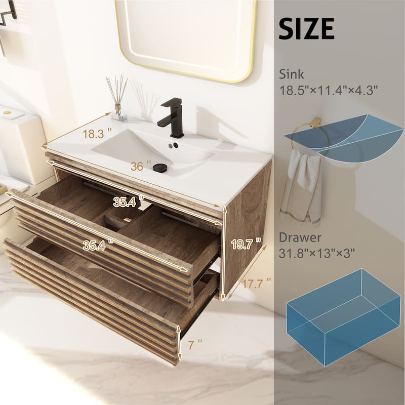 Wall Mounted Bathroom Vanity Set W/ Drop in Sink Mid-Century Cabinet Set