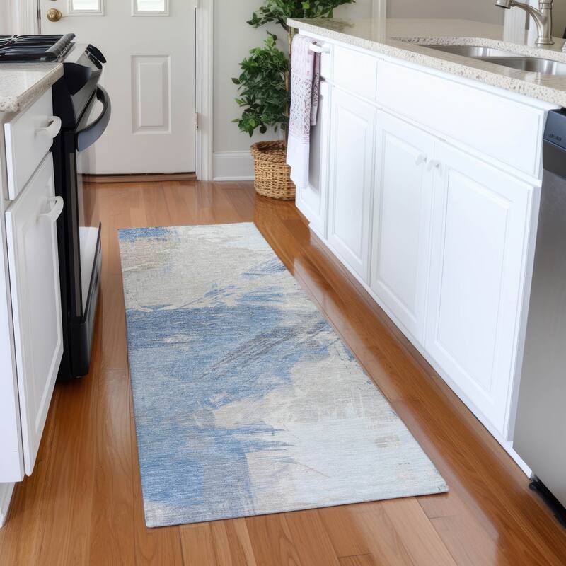 Premium Washable Super Soft Modern Brushstrokes Mayfield Rug - Denim - 2'3" x 7'6"