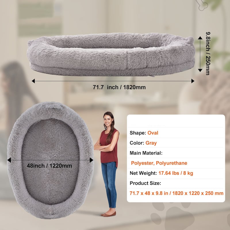 Grey Oval Shape Velvet Large Human Size Dog Bean Bed with Side Handles and Side Pocket for Storage - 71.7” x 48’ x 9.8”