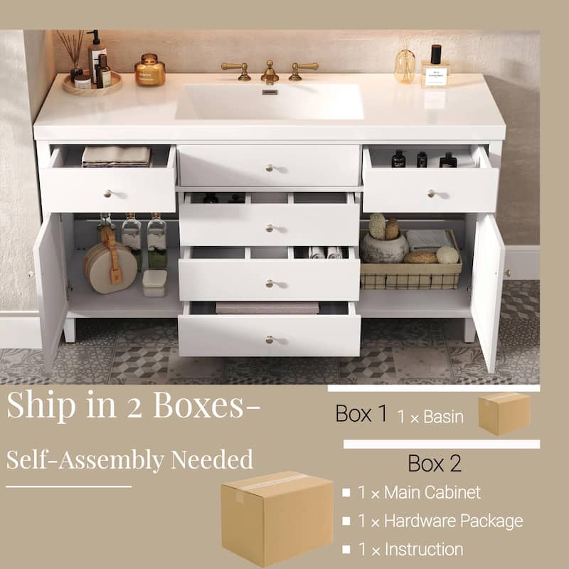 60" Bathroom Vanity with SMC Sink - Modern Large Storage Cabinet with Soft Close Drawers and Rattan Doors