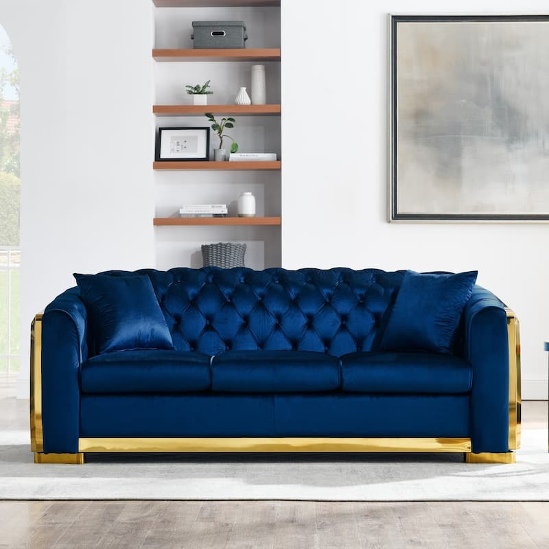 84" 3-Seater Velvet Button Tufted Sofa with Gold Steel Decoration - Navy