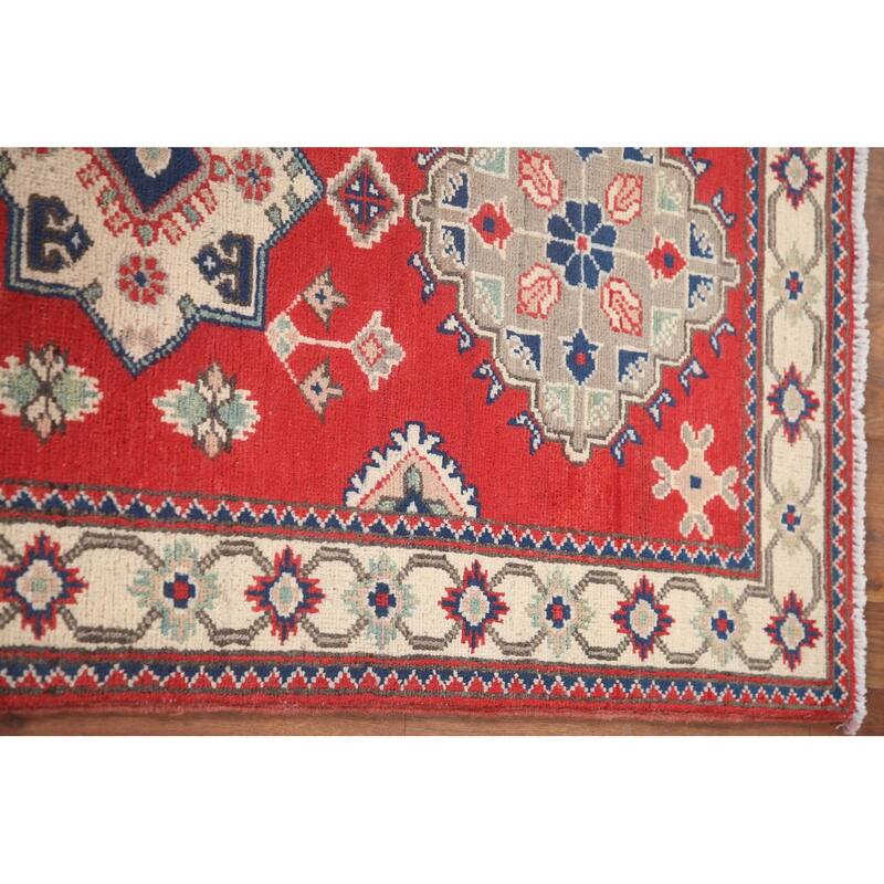 Hand Knotted Oriental 100% Wool Carpet Traditional Geometric Red Kazak Runner Rug - 9' 3'' X 2' 9''