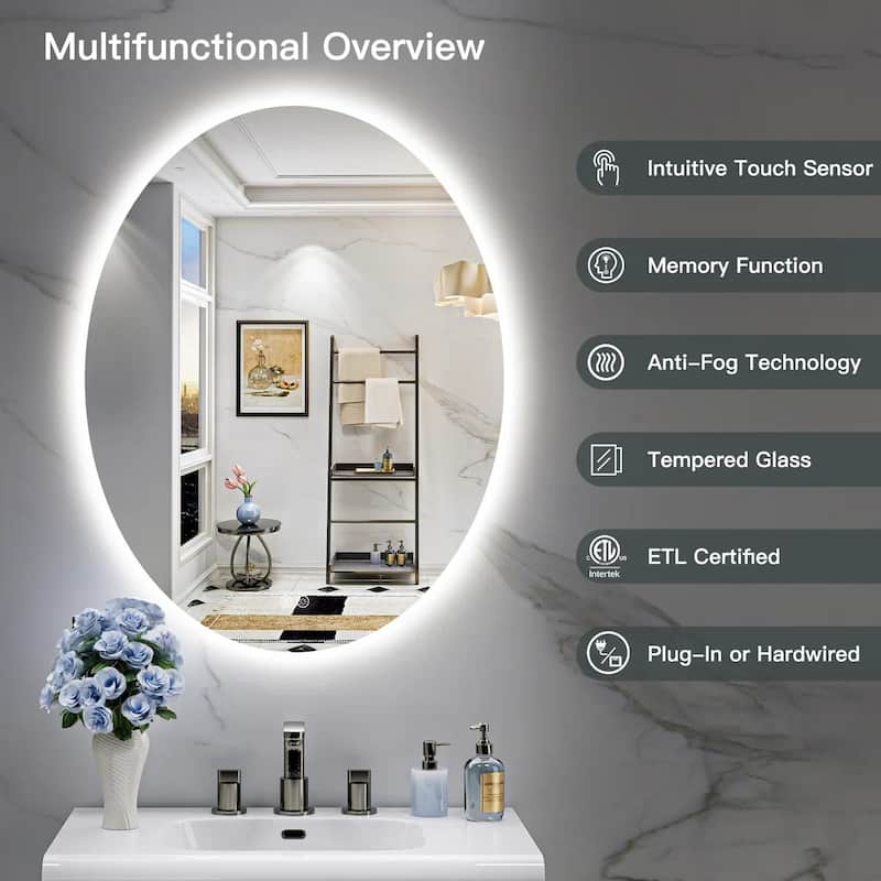 Oval Super Bright LED Lighted Anti-fog Wall Bathroom Vanity Mirror, ETL Certified, 3-Year Warranty