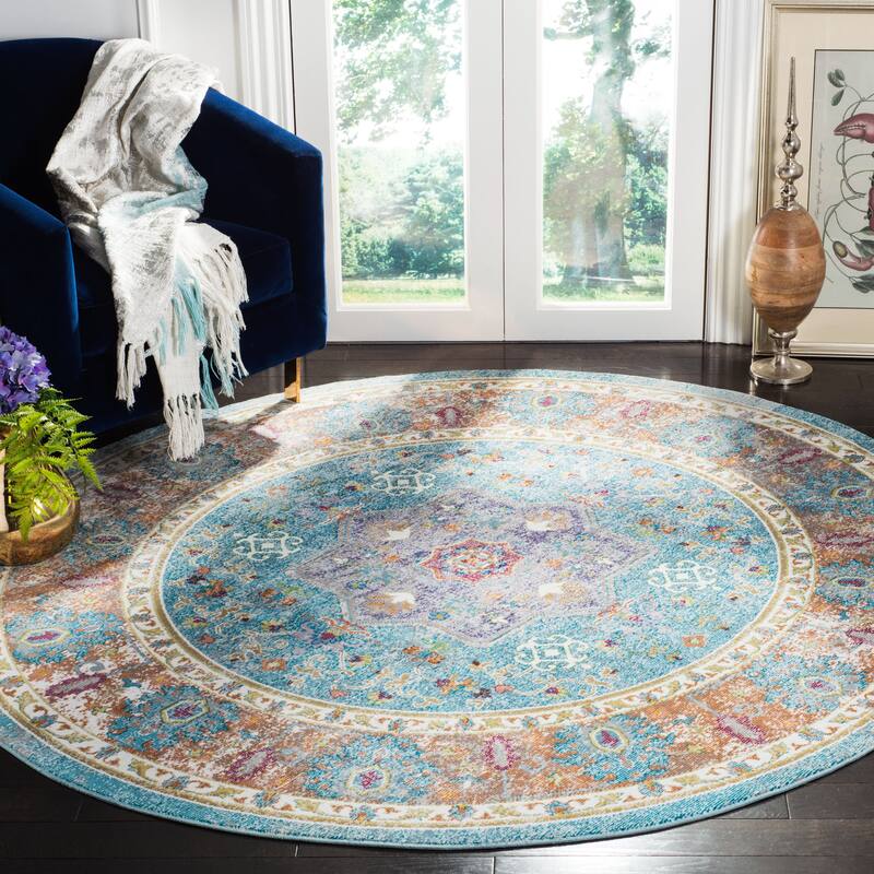 SAFAVIEH Aria Silla Vintage Boho Oriental Rug - 6'5" Round - Blue/Creme