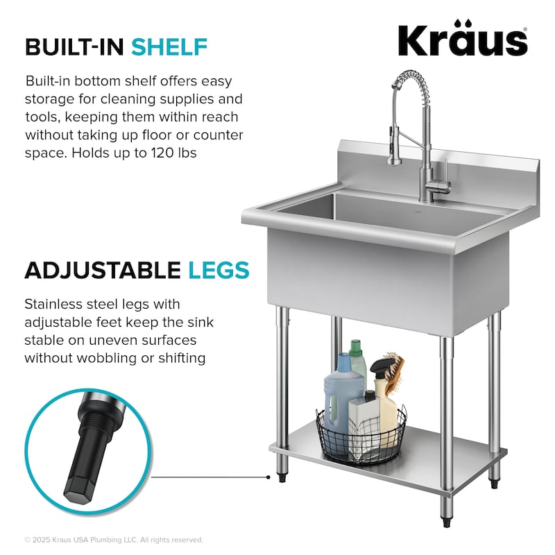 KRAUS Standart Pro 32 in. Stainless Steel 1-Bowl Laundry Utility Sink