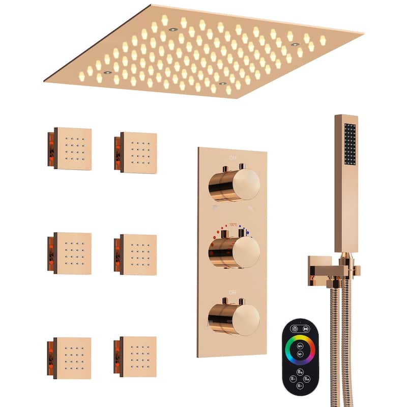 GRANDJOY Shower System 12 inch Ceiling Mount Rainfall Shower Head Body Jets Handheld Spray Combo 64 Colors LED