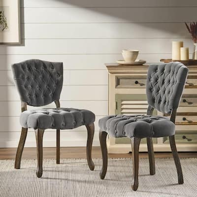 Button-tufted Velvet Upholstery Dining Chairs, European Conference Chair with Curved Legs, Wooden Accent Dining Chair, Set of 2