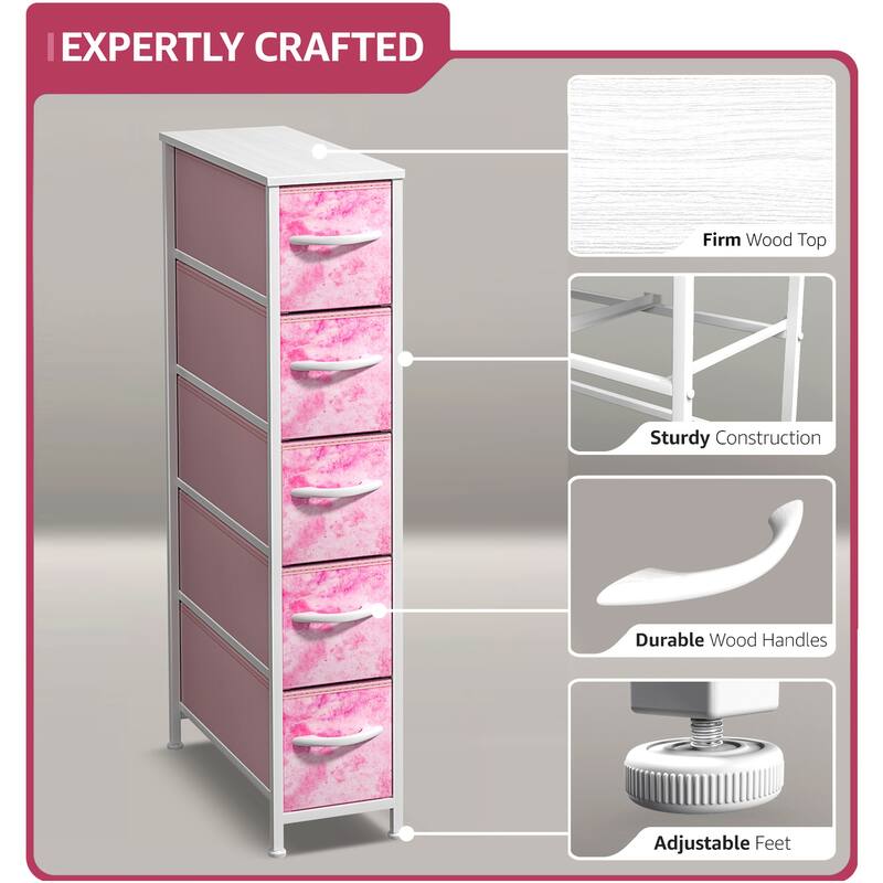 Sorbus Narrow Dresser with 5 Drawers - Vertical Slim Storage Chest of Drawers with Steel Frame, Wood Top & Easy Pull Fabric Bins