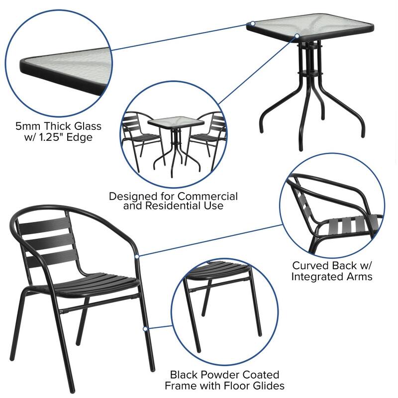 23.5" Square Glass Metal Table with 2 Metal Aluminum Slat Stack Chairs