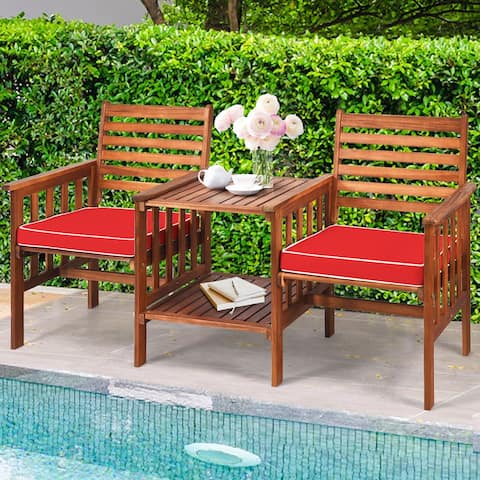 Gymax Acacia Wood Loveseat Patio Outdoor Conversation Set w/ Table Red - See Details