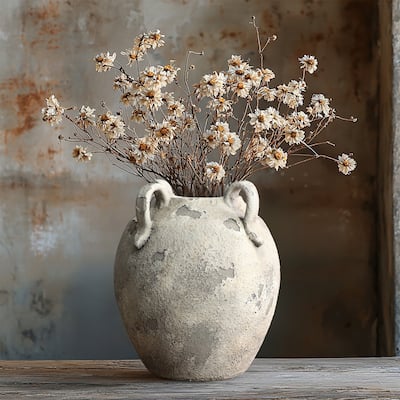 Rustic Gray and White Terracotta 10-Inch Round Vase with Handles