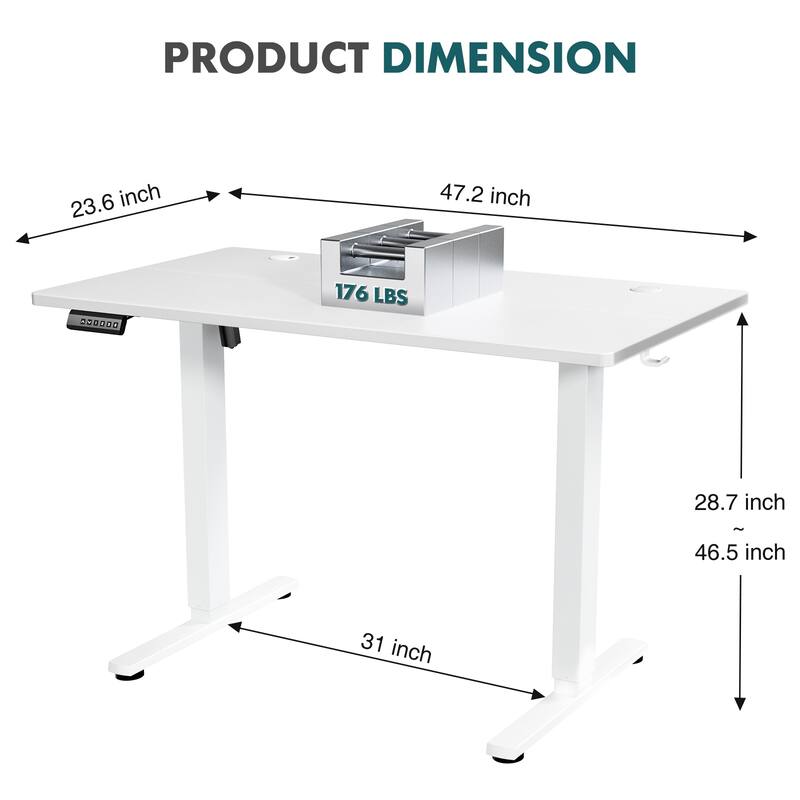 Electric Standing Desk - Adjustable Height Computer Workstation with Memory Settings for Home Office, Gaming & Study - 48"x 24" - White