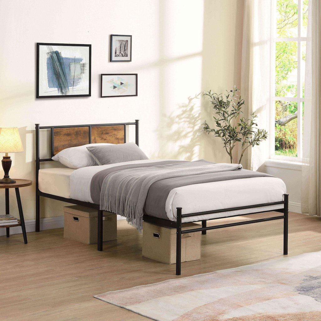 Twin Size Metal Bed Frame with 10.8" Under-Bed Storage, Headboard with Wood Panel, No Box Spring Needed