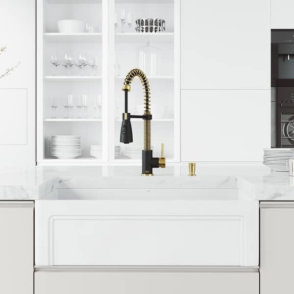 Shop Vigo 33 In Matte Stone Tm Farmhouse Apron Front Kitchen Sink With Deckplate And Faucet In Matte Brushed Gold And Matte Black Overstock 31673870