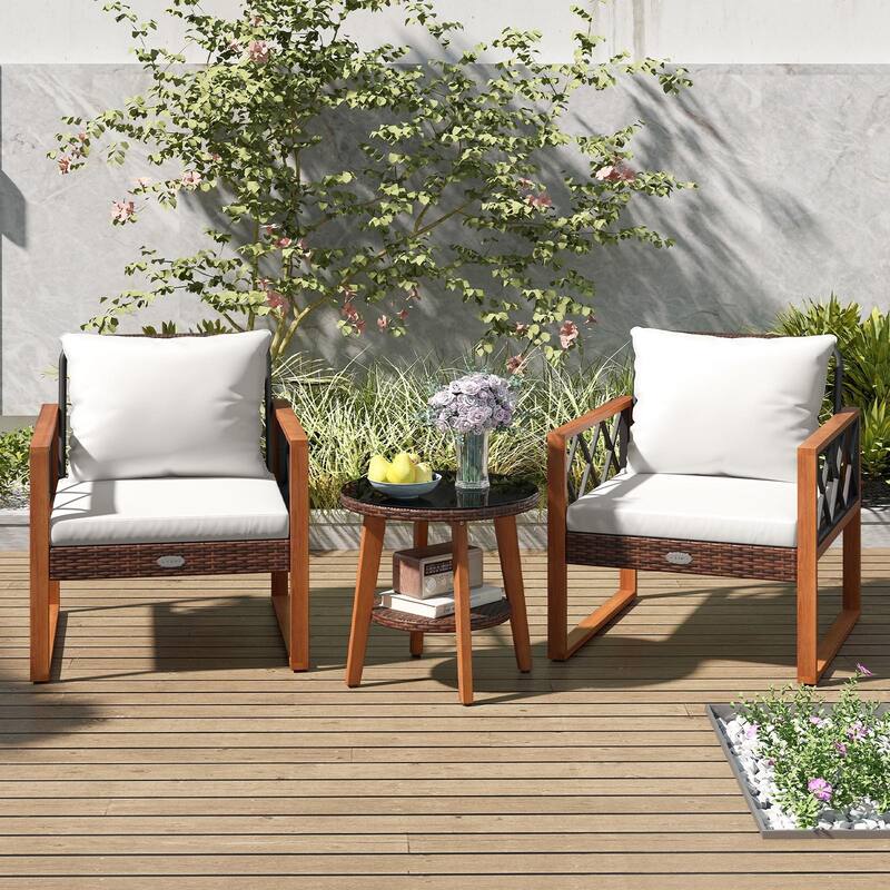 3-Piece Patio Conversation Set with Acacia Wood Table and Cushions Mix Brown Rattan Chairs - 28" × 26.5" × 31.5"