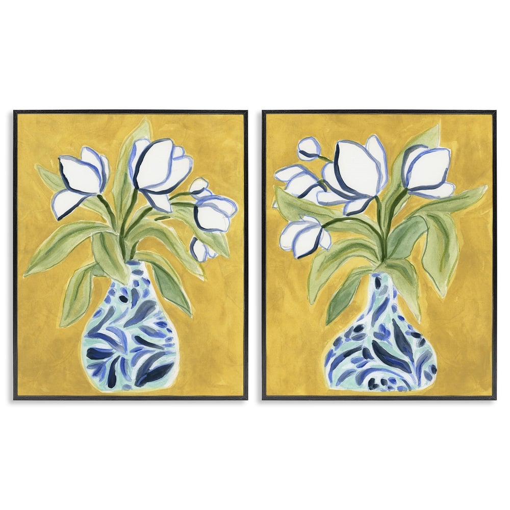 Stupell Tulip Vases on Yellow Framed Giclee Art Design By June Erica Vess (Set of 2)