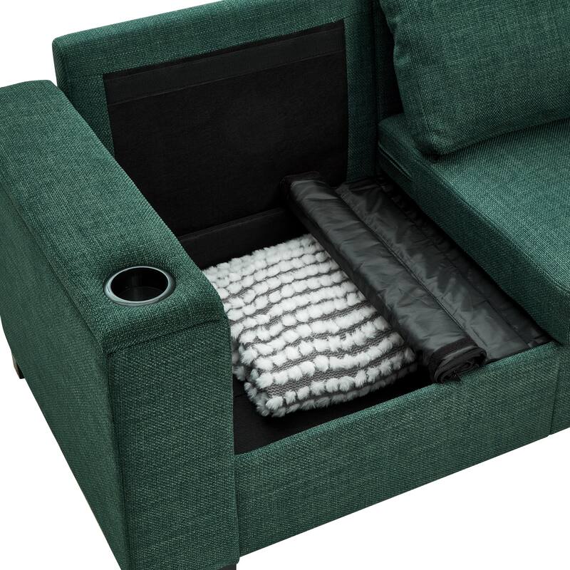 Fabric Upholstered 3 Seater Sofa, Lounge Sofa with Square Arm, Oversized Deep Seat Sofa with Storage & Cup Holders