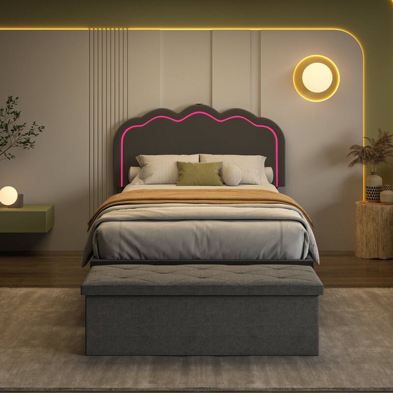 VECELO Upholstered Bed Frames with Headboard & LED Lights and Storage Ottoman (Set of 2),Bedroom Set