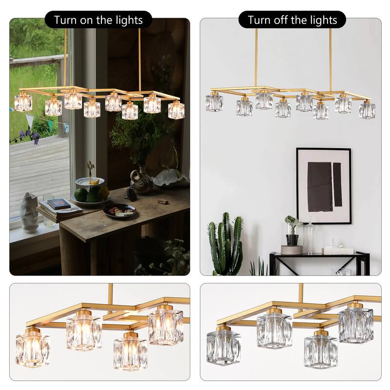 Modern 8-Light Crystal Chandelier Matte Gold Industrial Metal Chandelier, for Dining Room Kitchen, Living Room