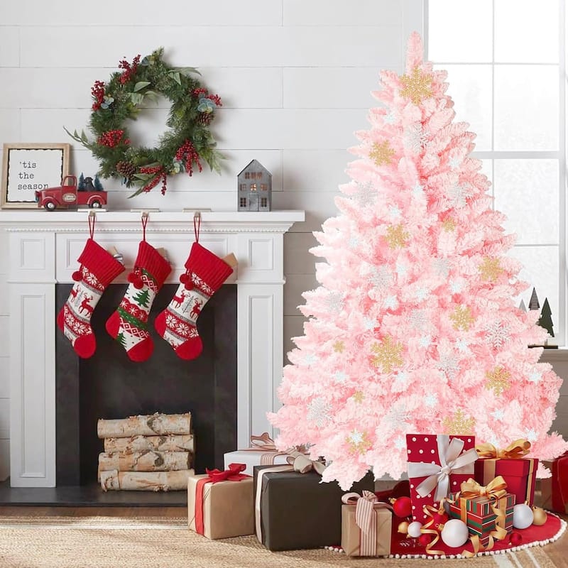 6ft-7ft Artificial Snow Flocked Christmas Tree with Metal Stable Stand Base for Indoor and Outdoor Holiday Decoration - 6 Foot - Pink