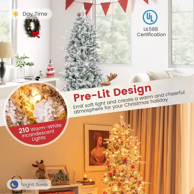 Gymax 6 FT Pre-Lit Artificial Christmas Tree Snow-Flocked Hinged Xmas