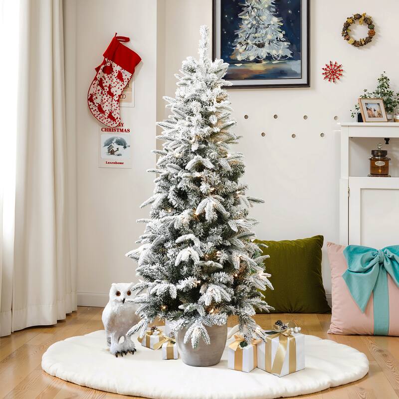 5Ft Pre-Lit Snow Flocked Slim Fir Potted Artificial Christmas Tree - 60" H x 29.9" Diameter