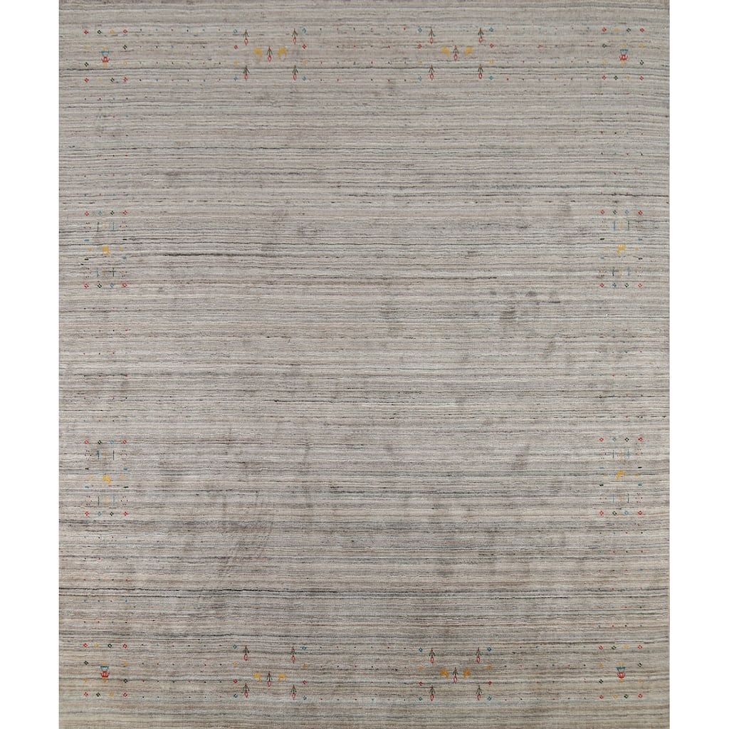 Striped Gabbeh Square Rug Hand-Knotted Oriental Beige Wool Carpet - 9'9"x 9'8"