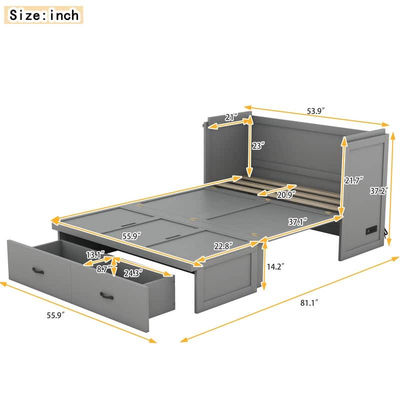 Murphy Bed with USB Port and a Large Drawer,Queen/Full Size