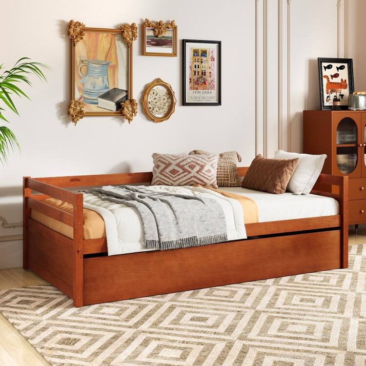 Metal Twin Size Trundle Platform Bed Frame with Wooden Slat Support and Space-Saving Design