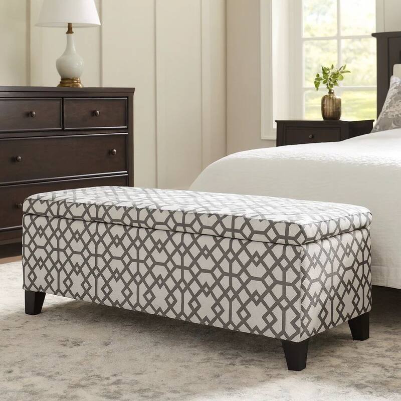 Flash Storage Ottoman Bench, Light Gray Geometric Print Fabric 51 Inch