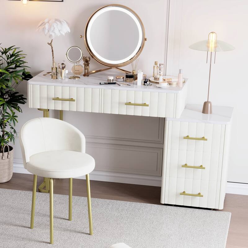 Velvet Upholstered Makeup Vanity Desk with 5 Storage Drawers, Marble-Look Sticker Top Dressing Table and Padded Makeup Chair Set