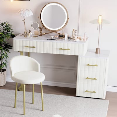 Velvet Upholstered Vanity Set with 5 Big Drawers, Makeup Table with Padded Chair, Left/Right Adjustable Storage