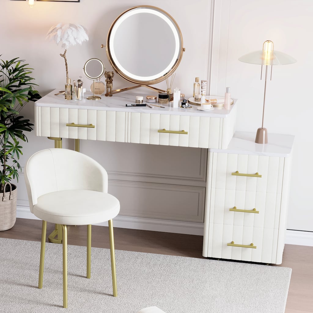 Velvet Upholstered Vanity Set with 5 Big Drawers, Makeup Table with Padded Chair, Left/Right Adjustable Storage